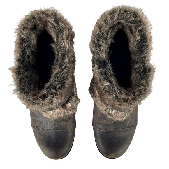 SOREL JOAN OF ARCTIC WEDGE ANKLE APRES SKI FAUX FUR BROWN LEATHER ANKLE BOOTS - Picture 5 of 13